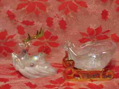 FENTON ART GLASS 1999-2000 WOODLAND FROST REINDEER & SLEIGH SET SIGNED