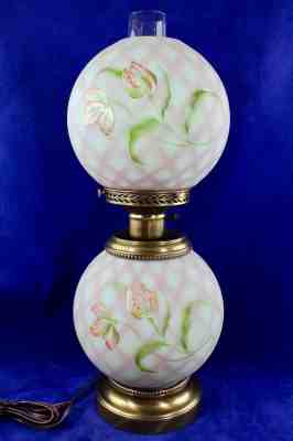 Fenton Lotus Mist Burmese Diamond Optic Trellis Flowers GWTW Lamp J.K.Spindler