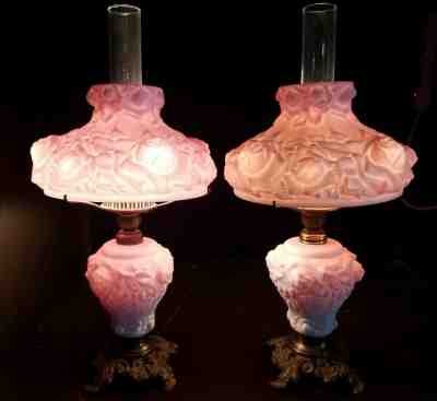 Pair of 2 Fenton LG Wright White Satin Cranberry Cased Puffy Cabbage Rose Lamps