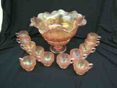 Fenton 14 Piece Sunset Stretch Pink Art Glass Punch Bowl Set VGC 