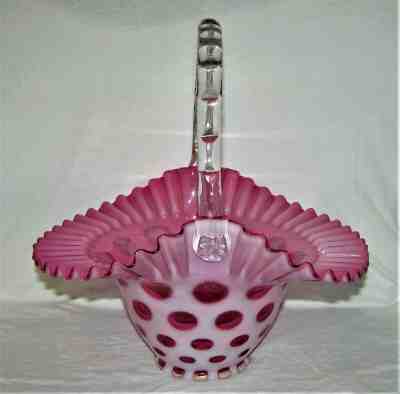 FENTON 1353 CRANBERRY OPALESCENT COIN DOT BASKET - RARE