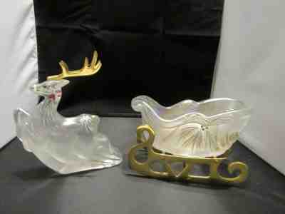 FENTON ART GLASS 1999-2000 WOODLAND FROST REINDEER & SLEIGH SET MINT CONDITION~S