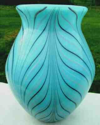 Fenton Glass Robert Barber-Fetty Blue Feather Vase 8