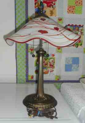UNIQUE AND STUNNING FENTON FETTY  HANGING HEARTS LAMP SHADE ON FENTON LAMP STICK
