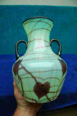 Vintage Fenton Green Iridescent Hanging Hearts Hand Blown Art Glass Vase