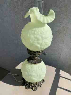 Vintage Fenton Lime Green Satin Poppy Pattern Hurricane Table Lamp