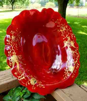 Fenton RARE #1663 Mandarin Red Tulip Bowl With Otto Goertler Gilded Decoration