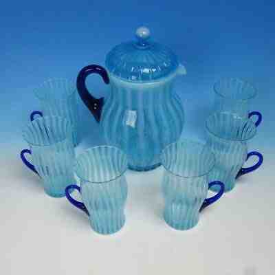 Fenton Blue Rib Optic Lemonade Pitcher With Lid and 4 Glasses 