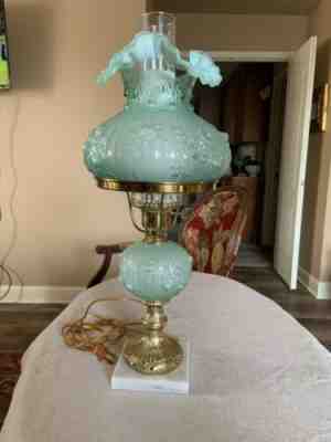 Vintage Fenton Hurricane Student Lamp Pale Blue Cabbage Rose, Stunning!