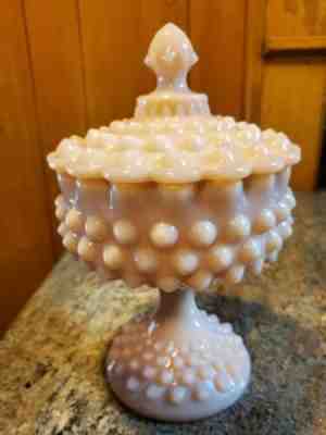 Vintage Fenton Pink Rose Hobnail Milkglass Pedestal Covered Candy Dish