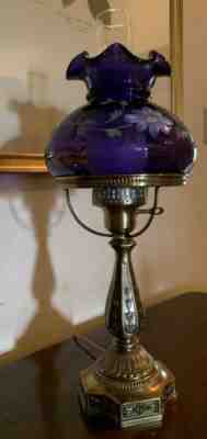 FENTON 21”H Lamp Hand-Painted “Colonial Scroll” on Royal Purple Glass #175/1450