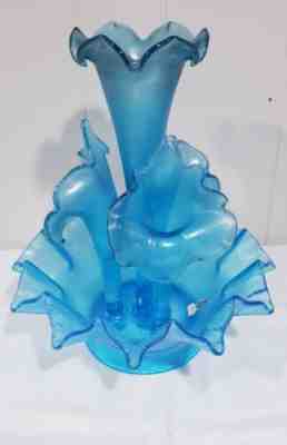 FENTON EPERGNE IRIDESCENT STRETCH BLUE ART GLASS BOWL & 4 HORNS MINT