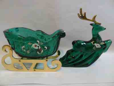 VERY RARE VERY BEAUTIFUL FENTON ART GLASS SLEIGH WITH REINDEER SIGNED IOB W/ BRA