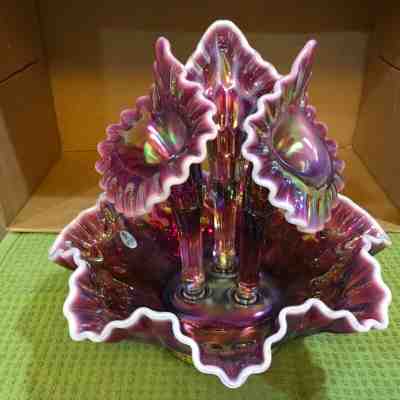 RARE FENTON PLUM CRANBERRY OPALESCENT THUMBPRINT EPERGNE LARGE 3 HORNS