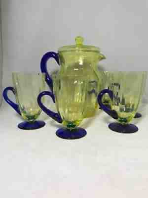 Fenton Glass Covered Lemonade Pitcher & 4 Mugs-Vaseline Topaz w/Blue Handles