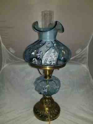 Fenton Twilight Blue Paisley Hand Painted Student Lamp Purple Floral Design 20"T