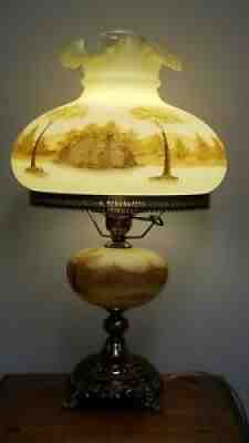 Vintage Fenton Art Glass Log Cabin Parlor Lamp - Painted by Smith - Custard Glas