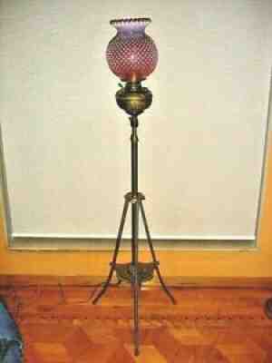 FENTON BRASS PIANO FLOOR LAMP WITH CRANBERRY OPALESCENT HOBNAIL SHADE