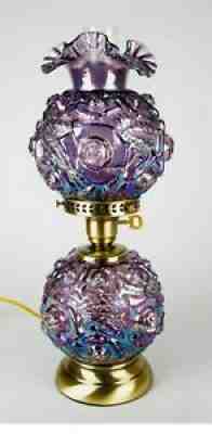 Fenton Puffy Rose Purple Amethyst Iridescent Carnival Glass GWTW Lamp Vintage