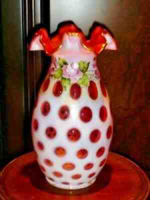 FENTON CHARLETON CRANBERRY OPALESCENT FLOWER COIN DOT DOUBLE CRIMP VASE 1947