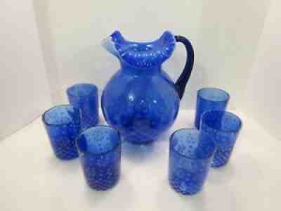 Fenton Blue Rib Optic Lemonade Pitcher With Lid and 4 Glasses 