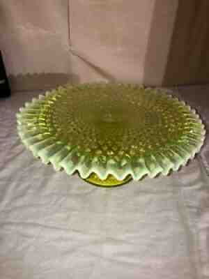 Early Fenton Vaseline Opalescent Hobnail Pedestal Cake Stand-Cake Plate-1940â??s