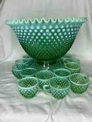 1985 FENTON ART GLASS 14 Pc GREEN OPALESCENT HOBNAIL PUNCH BOWL SET