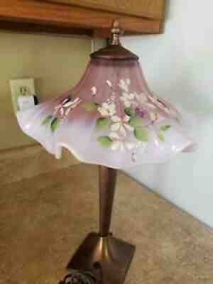 Fenton Glass Flare Ruffle Umbrella Table Lamp on Rosemilk Pink Hand Painted Sign