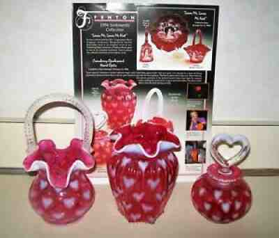 1994 Fenton Cranberry Opalescent Heart Optic Ltd Perfume Basket Vase Supplement