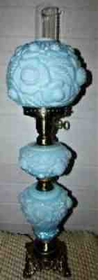 Vintage Fenton Cased Blue Glass Puffy Rose 3 Part GWTW Electric Table Lamp 1973