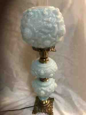 Fenton LG Wright Triple Globe 3 Tier Blue Satin Overlay Glass Rose Round Shade