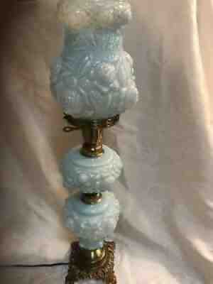 Fenton LG Wright Triple Globe 3 Tier Blue Satin Overlay Glass Rose Oblong Shade