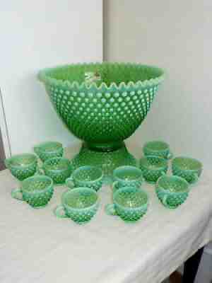 FENTON GREEN OPALESCENT VASELINE HOBNAIL PUNCH BOWL & 12 CUPS & GLASS LADLE