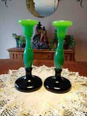 Fenton RARE Jade & Black Candlesticks 8in. #549