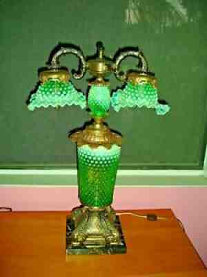 FENTON GREEN HOBNAIL OPALESCENT VASELINE GLASS GWTW LAMP, OLD AND RARE