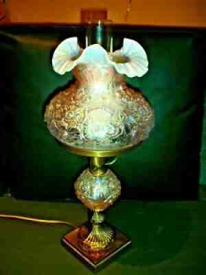 Fenton New In Old stock Poppy Carnival Iridescent Glass Student Lamp, sign