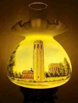 RARE FENTON HAND-PAINTED LAMP: UNIV OF NEBRASKA CORNHUSKERS BELL TOWER SIGNED