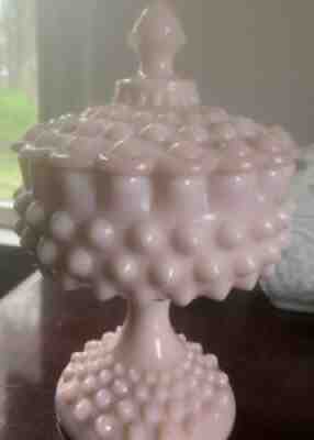 Vintage Fenton Pink milk glass Hobnail pattern tall candy dish with lid Rare