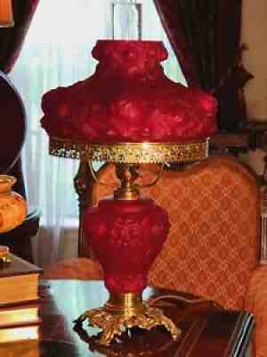 Fenton for LG Wright LAMP Puffy Rose Red Ruby Satin w Lighted Font Filigree Ring