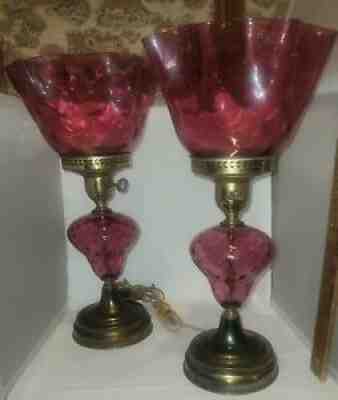 Vintage Pair of Fenton Lamp Cranberry Thumbprint Coin Dot Optic Inverted Tulips