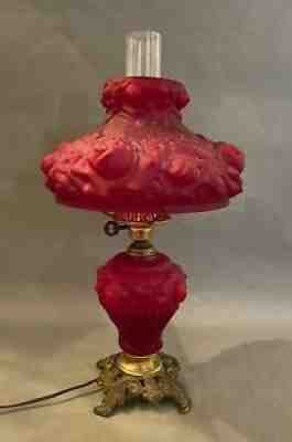 Old Fenton Cranberry Satin Art Glass Cabbage Rose Lamp & Shade electric 21-1/2"
