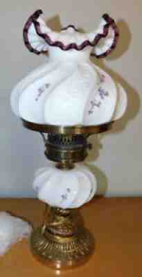 Fenton Plum Crest Lilacs & Paisley Lamp, Hand Painted, Milk Glass/Purple RARE!!