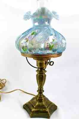 Fenton Misty Blue &Hand Painted Irises Paisley Iridized Student Lamp D. Barbour