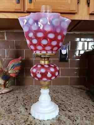 VINTAGE FENTON LG WRIGHT CRANBERRY COIN DOT OPALESCENT OIL LAMP