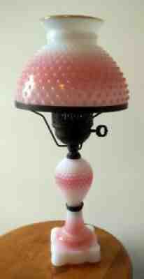 FENTON Opalescent Pink / White Milk Glass Hobnail Hurricane Table Lamp - Works