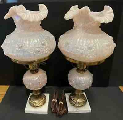 (2) Fenton Champagne Satin Iridized Poppy Pattern Student Lamps 20â? Tall