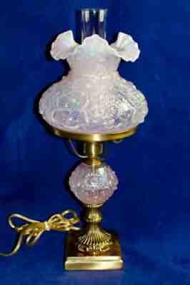 Fenton Champagne Satin Iridized Poppy Pattern Student Lamp 21