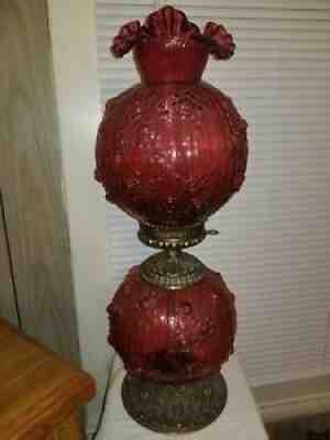 Huge JUMBO Vintage Fenton Cranberry GWTW Cabbage Rose Lamp ~ Excellent Condition
