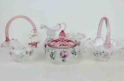 5 Fenton Diamond Lattice Optic Hand Painted Trellis Opalescent Glass Lot Baskets