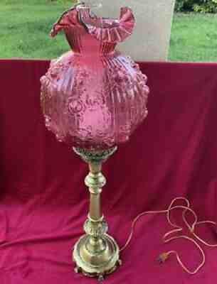 Extra Large Fenton Glass Cabbage Rose Cranberry Brass Parlor Lamp 32.5"